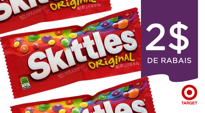 Coupon rabais de 2$ sur les bonbon Skittles