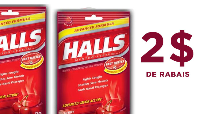 Coupon rabais sur les sac de pastille halls de 15 ou 30