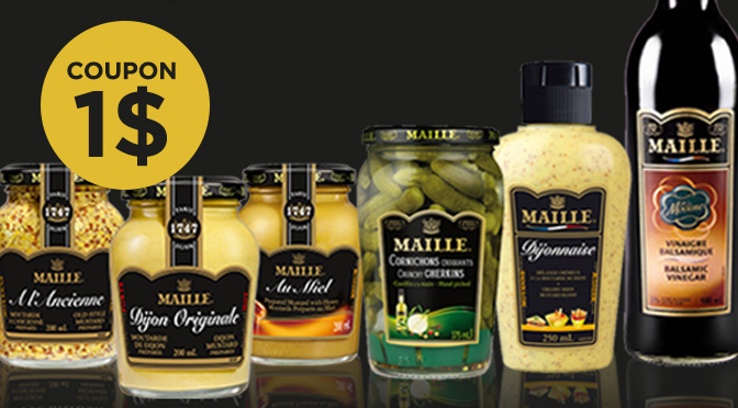 Maille, moutarde, Cornichon, rabais de 1$